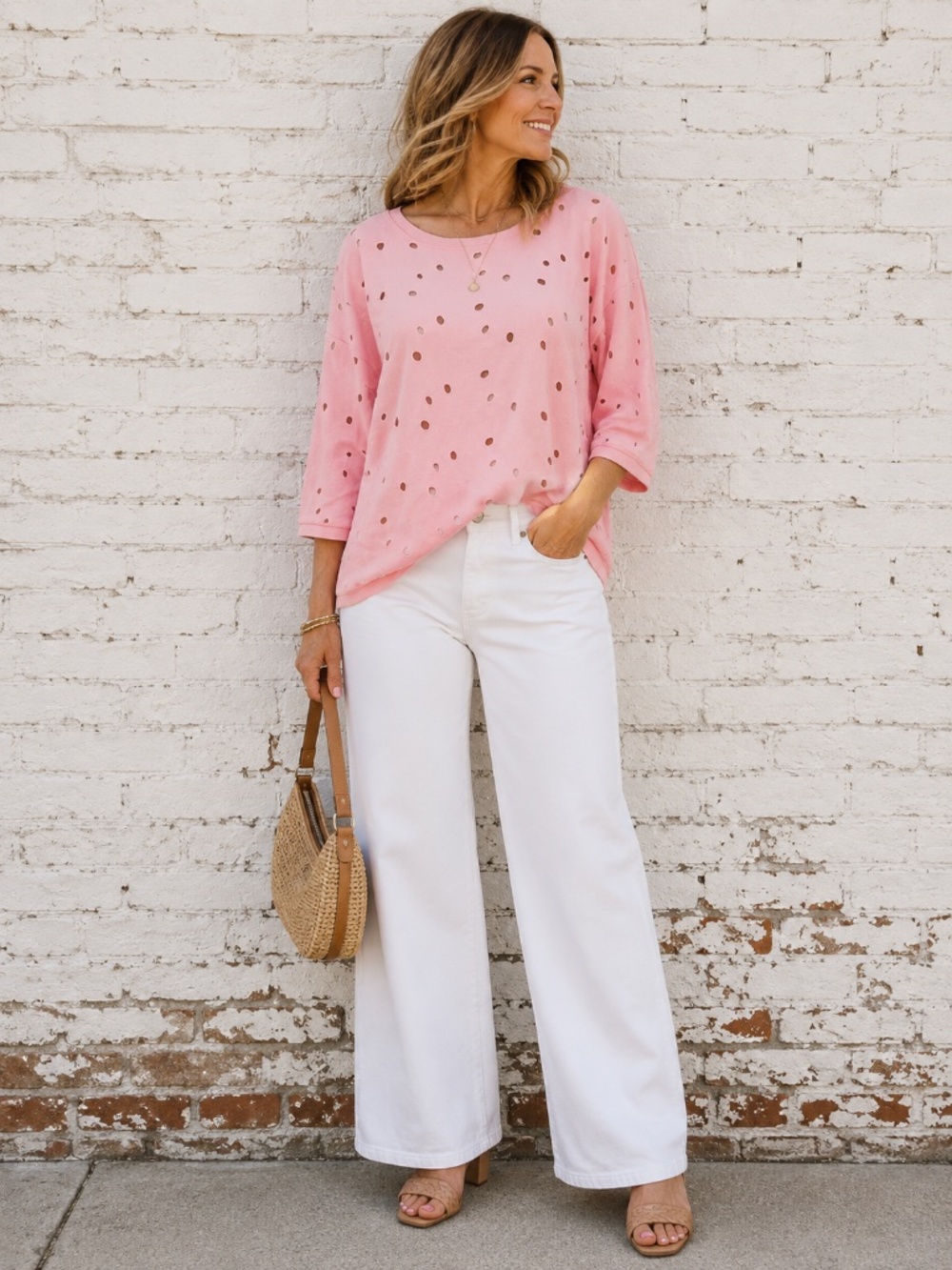 LOFT Pink Eyelet Cutout Knit Top Petite Large LP 3/4 Sleeve